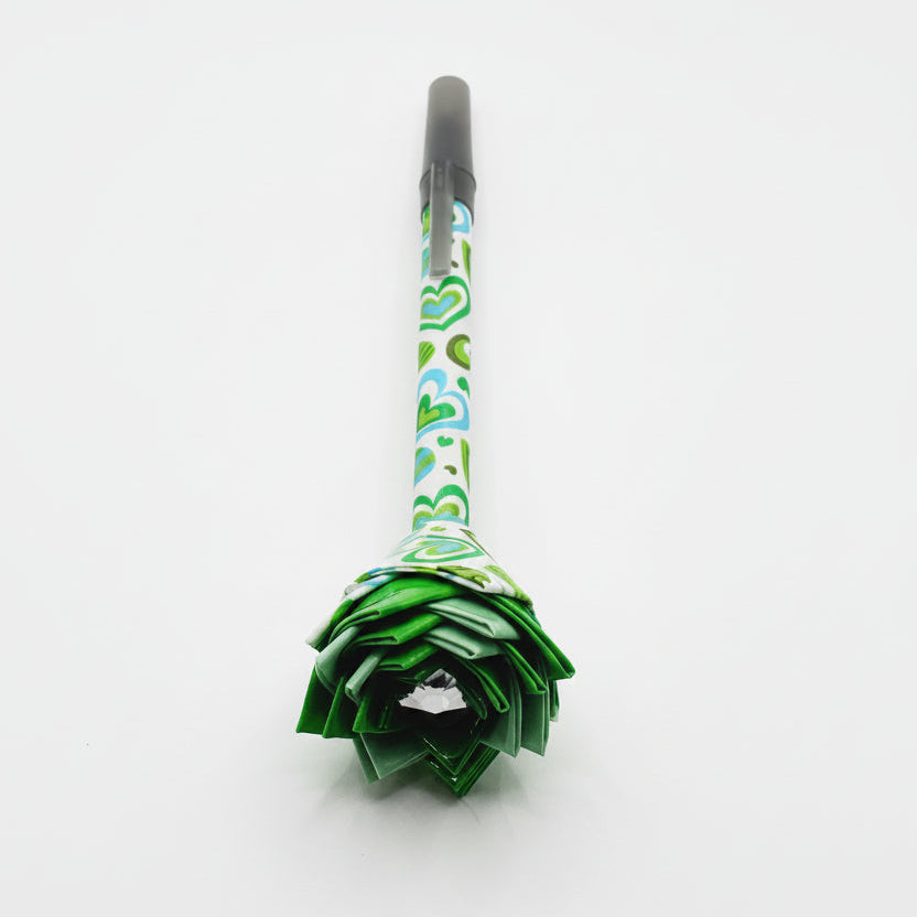 Green, White & Blue Hearts Print Duct Tape Flower Pen