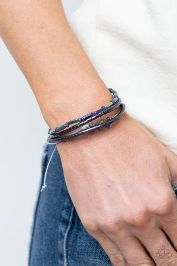 Holographic Hike - Multi Oil Spill Purple Wooden Bead Slide Bracelet - Paparazzi
