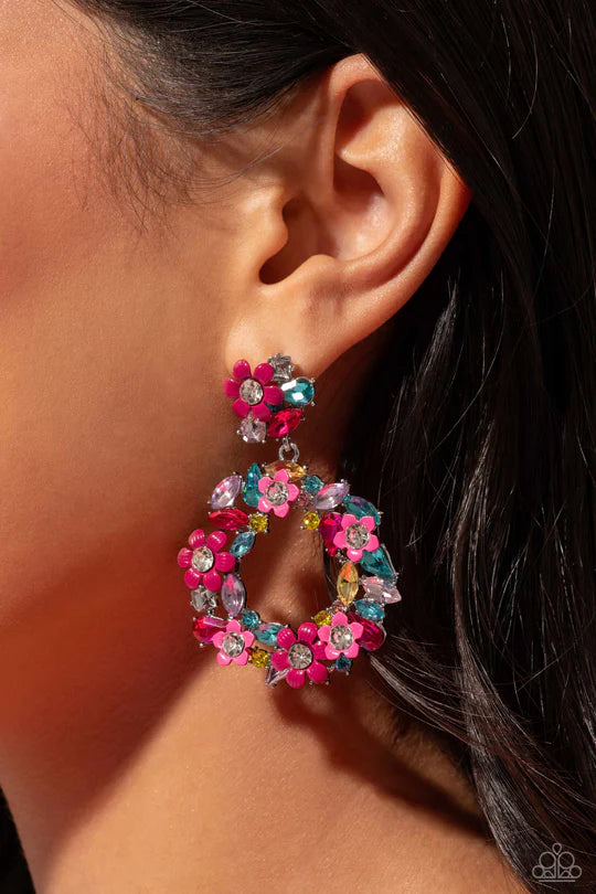 Wreathed In Wildflowers - Multi Color Rhinestone Flower Circle Post Earrings - Paparazzi - Life of the Party February 2024