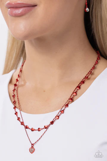 Cupid Combo - Red Heart White Rhinestone Layered Short Necklace - Paparazzi