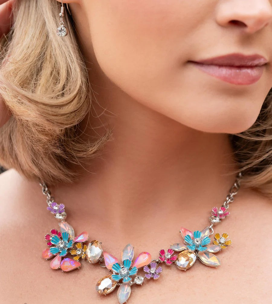 Hamptons Haute - Multi UV Shimmer Gem Flower Silver Short Necklace - Paparazzi - Fashion Fix June 2024
