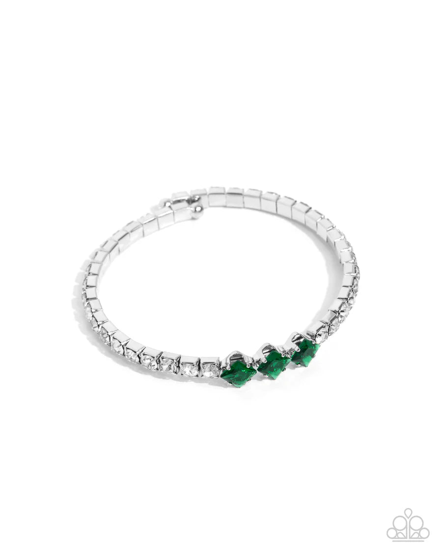 Pointed Production - Green Gem White Rhinestone Coil Bracelet - Paparazzi