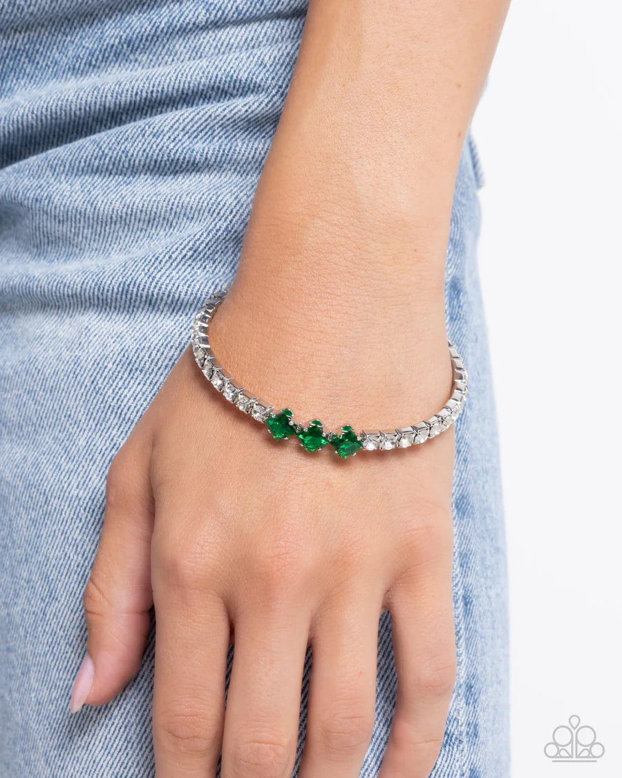 Pointed Production - Green Gem White Rhinestone Coil Bracelet - Paparazzi