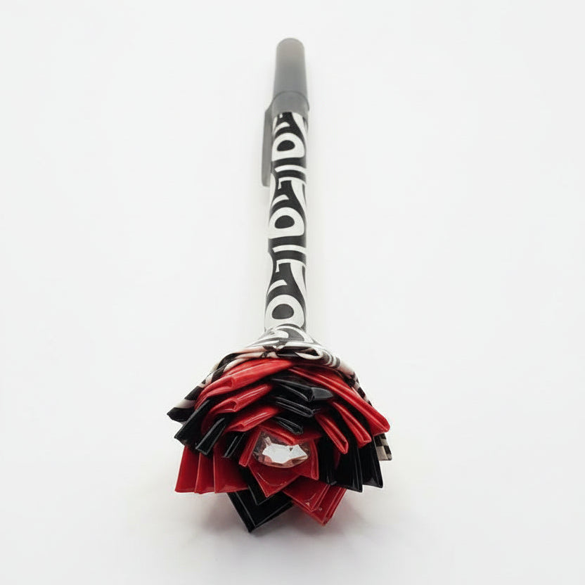 Black & White Swirl w/Red and Black Flower, Duct Tape Flower Pen