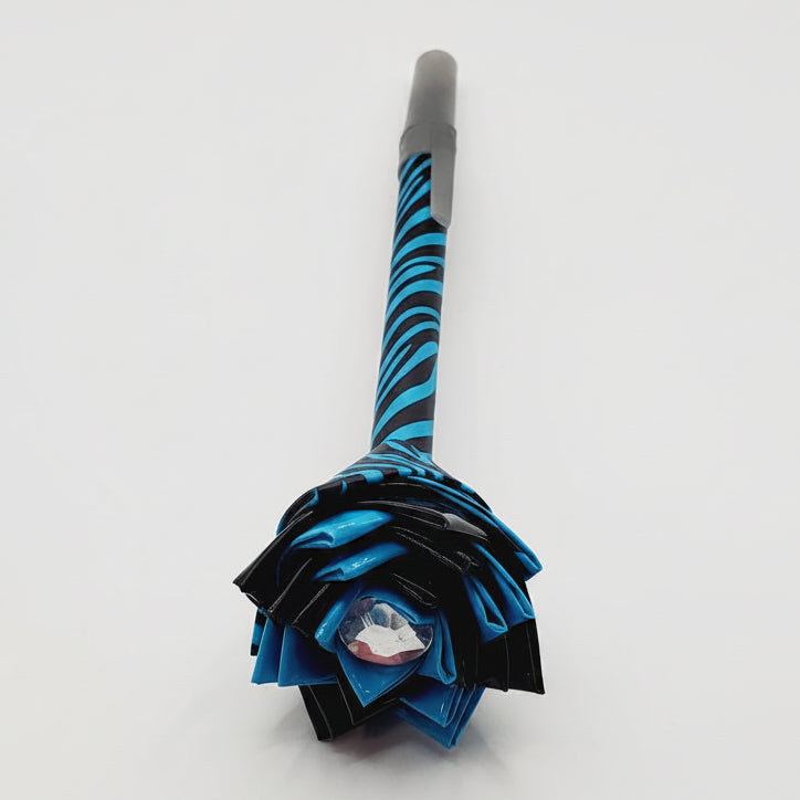 Blue & Black Zebra Duct Tape Flower Pen