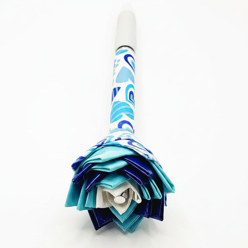 Blue Heart Print Duct Tape Flower S-Gel Pen w/ White Barrel 0.7mm Ocean Blue Ink