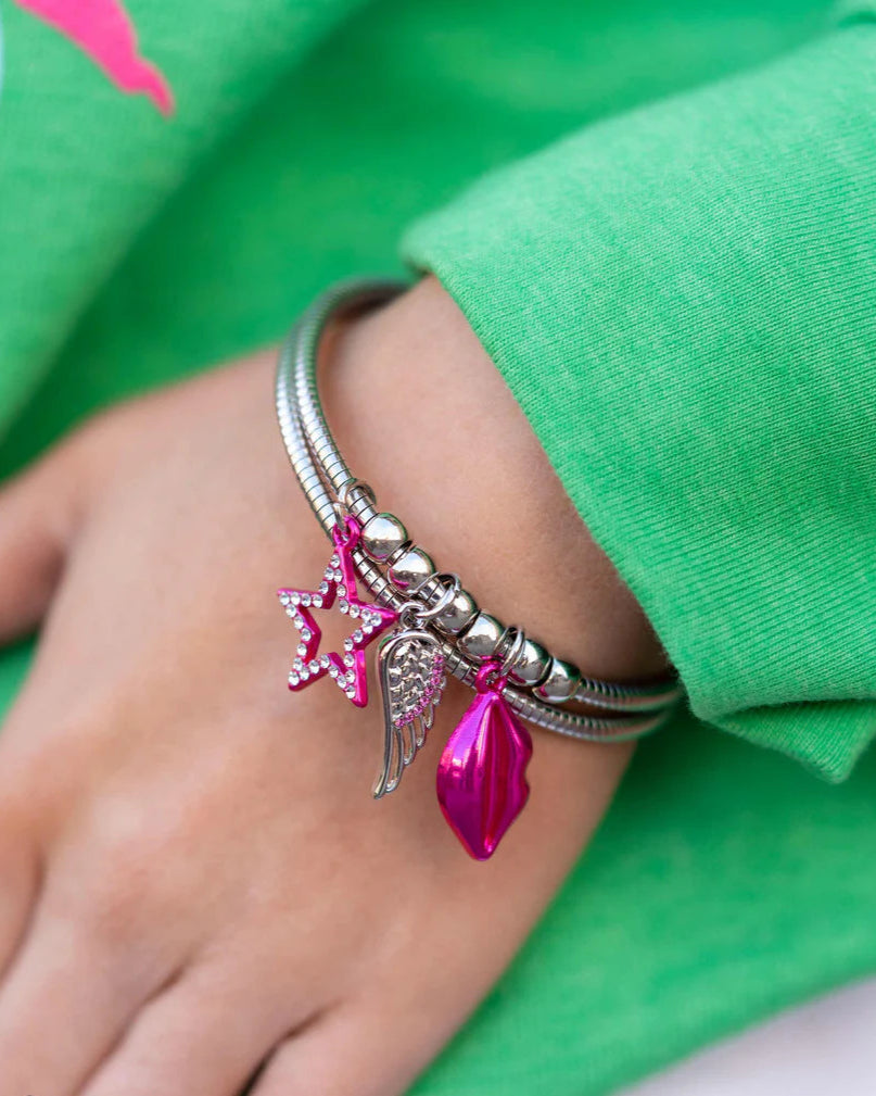 Popstar Privilege - Multi Pink Metallic Lips Wing Star Charm Silver Coil Bracelet & Earring Set - Paparazzi