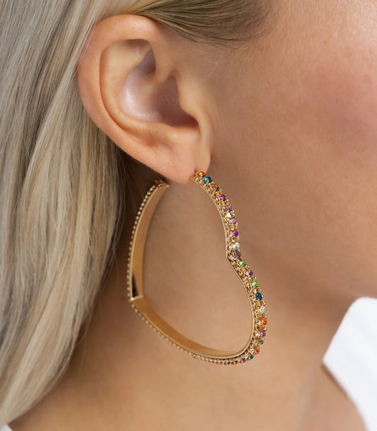 Halftime Hearts - Multi Color Rhinestone Gold Heart Hoop Earrings - Paparazzi