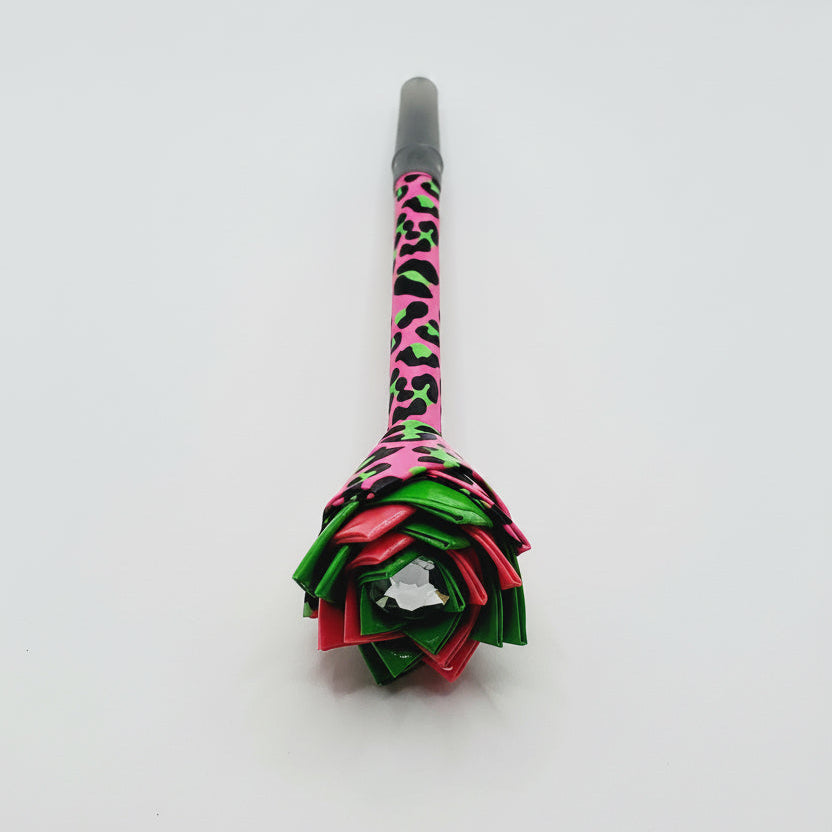Pink & Green Cheetah Printed Duct Tape Flower Pen