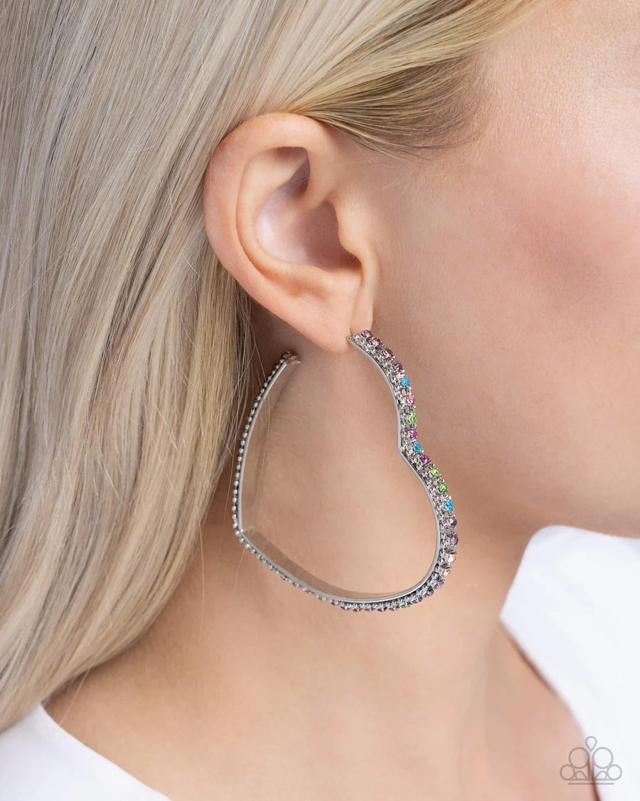Halftime Hearts - Multi Rhinestone Silver Heart Hoop Earrings- Paparazzi