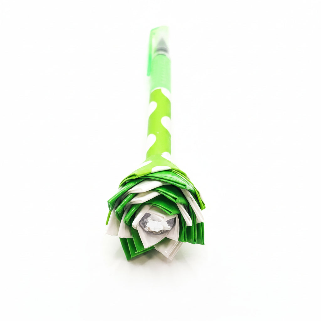Duct Tape Flower Glitter Gel Pen w/Green and White Polka Dot Print Green Ink