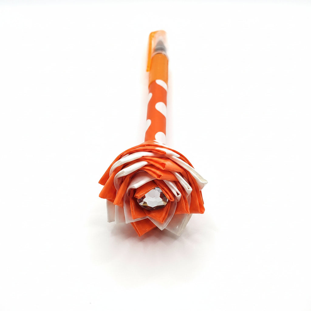 Duct Tape Flower Glitter Gel Pen w/Orange and White Polka Dot Orange Ink